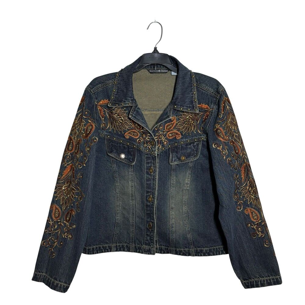 Vtg Gordon & James Women’s Embroidered Beaded Stud Denim Jacket L Boho Western